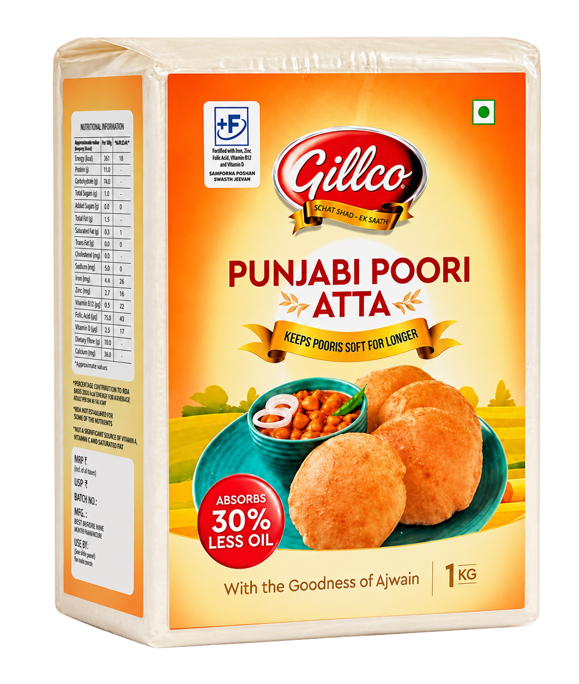 Gillco Fortified Punjabi Poori Atta 1kg | Wheat Flour for Soft & Fluffy Pooris | Absorbs Up to 30% Less Oil