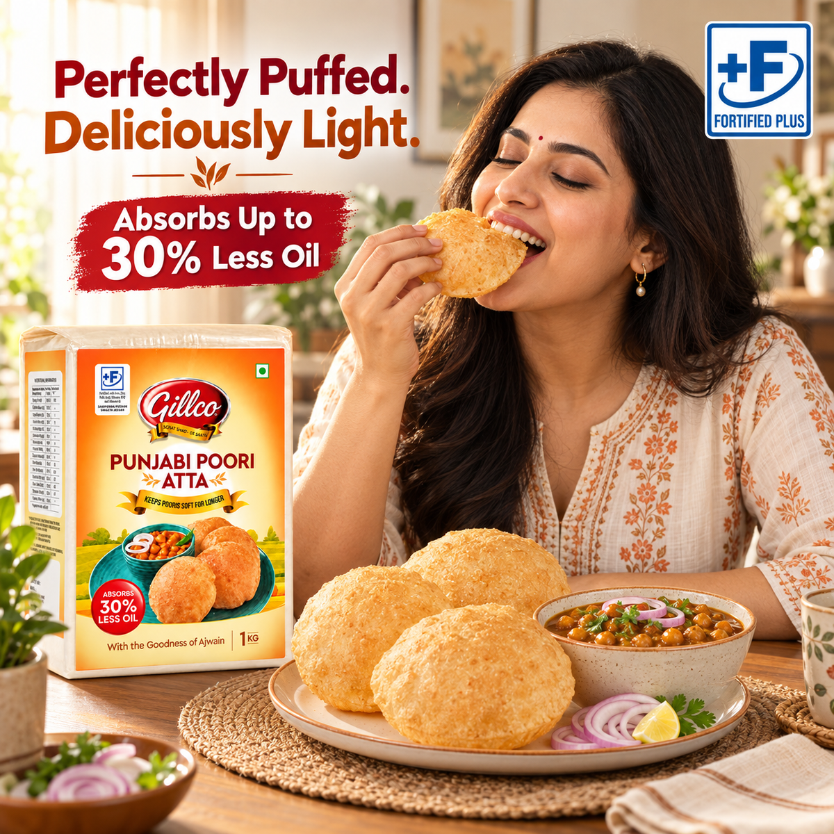 Gillco Fortified Punjabi Poori Atta 1kg | Wheat Flour for Soft & Fluffy Pooris | Absorbs Up to 30% Less Oil