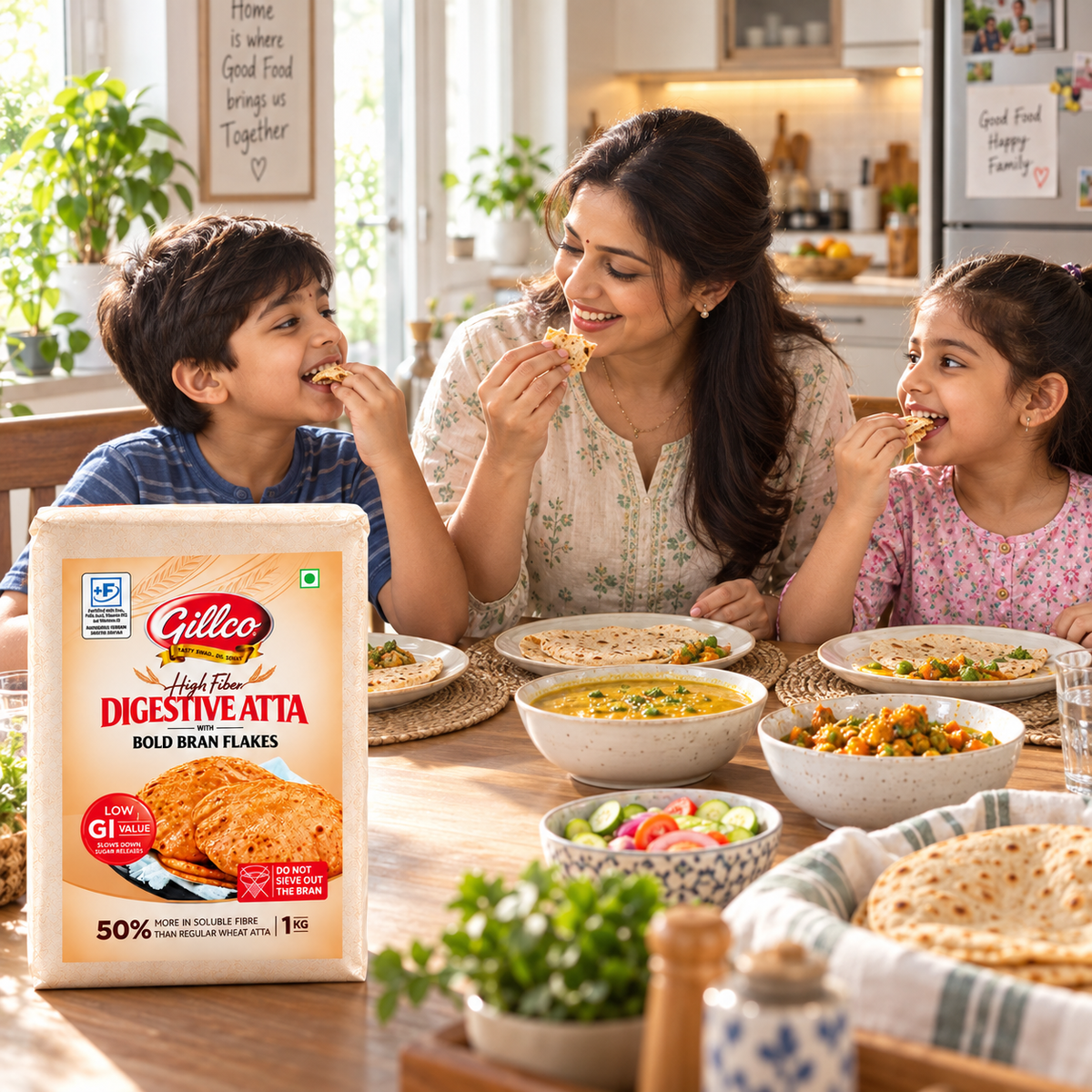 Gillco High Fibre Digestive Atta 1kg (Vacuum Packed) with Bold Bran Flakes | 50% More Insoluble Fibre Than Regular Chakki Atta | Fortified Whole Wheat Flour for Soft Roti