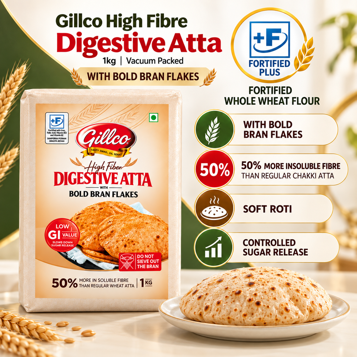 Gillco High Fibre Digestive Atta 1kg (Vacuum Packed) with Bold Bran Flakes | 50% More Insoluble Fibre Than Regular Chakki Atta | Fortified Whole Wheat Flour for Soft Roti