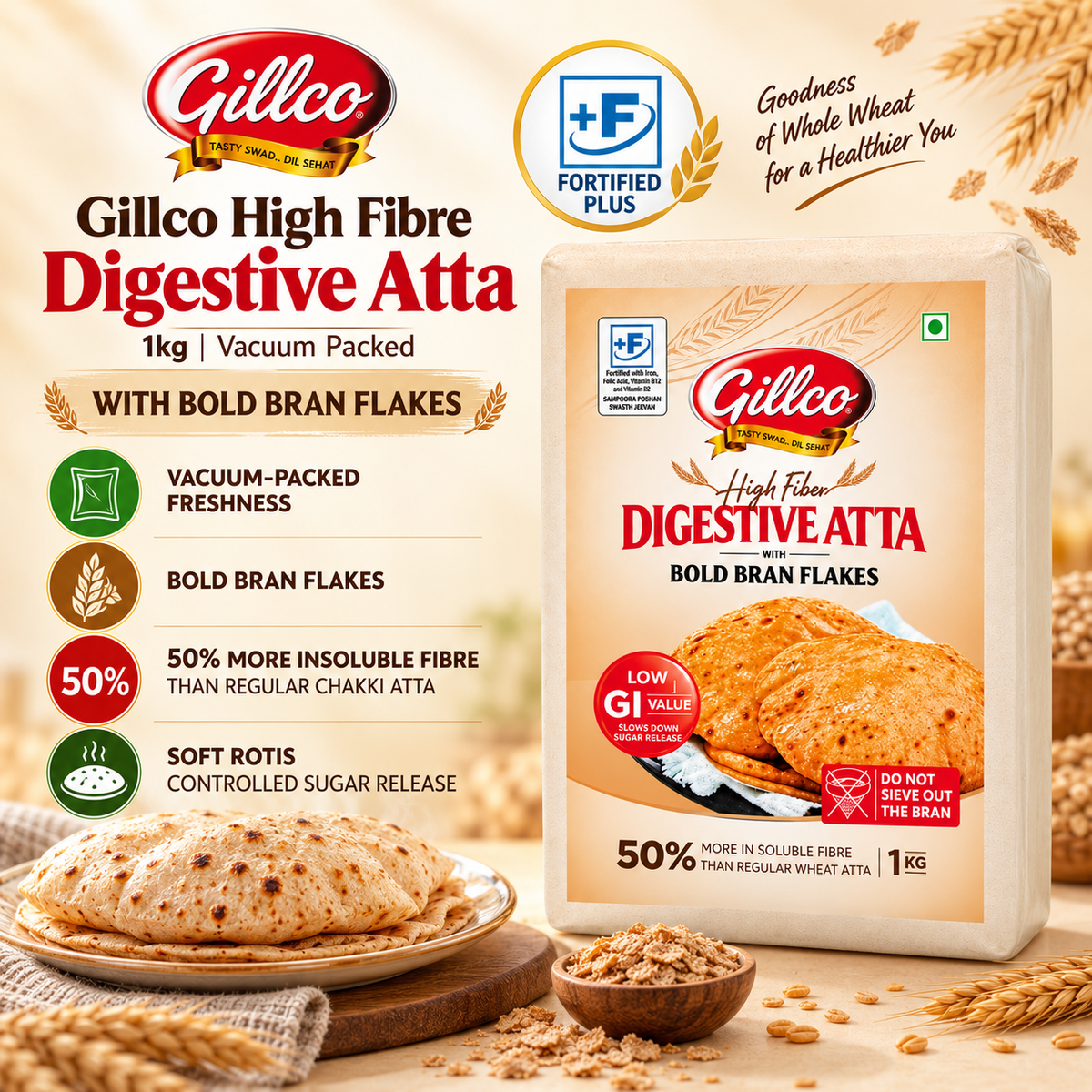 Gillco High Fibre Digestive Atta 1kg (Vacuum Packed) with Bold Bran Flakes | 50% More Insoluble Fibre Than Regular Chakki Atta | Fortified Whole Wheat Flour for Soft Roti