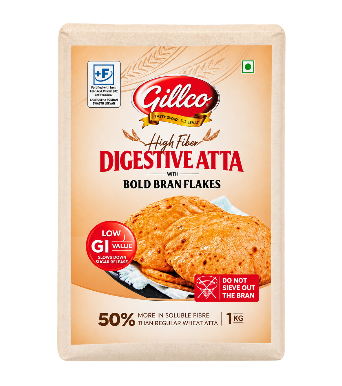 Gillco High Fibre Digestive Atta 1kg (Vacuum Packed) with Bold Bran Flakes | 50% More Insoluble Fibre Than Regular Chakki Atta | Fortified Whole Wheat Flour for Soft Roti