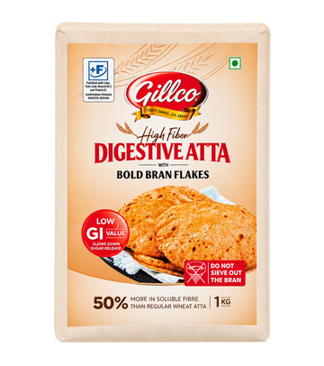 Gillco High Fibre Digestive Atta 1kg (Vacuum Packed) with Bold Bran Flakes | 50% More Insoluble Fibre Than Regular Chakki Atta | Fortified Whole Wheat Flour for Soft Roti