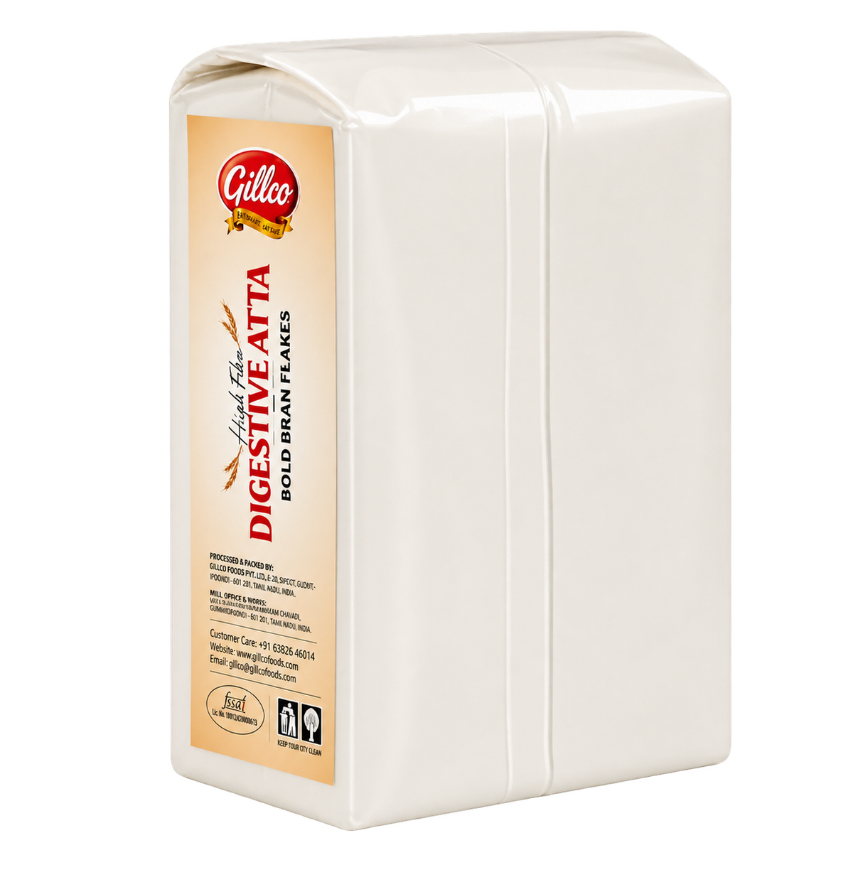 Gillco High Fibre Digestive Atta 1kg (Vacuum Packed) with Bold Bran Flakes | 50% More Insoluble Fibre Than Regular Chakki Atta | Fortified Whole Wheat Flour for Soft Roti