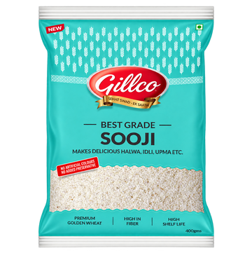 Gillco Best Grade Sooji 400g | Premium Golden Wheat Semolina | High in Fiber | No Artificial Colours or Added Preservatives | Ideal for Halwa, Idli & Upma