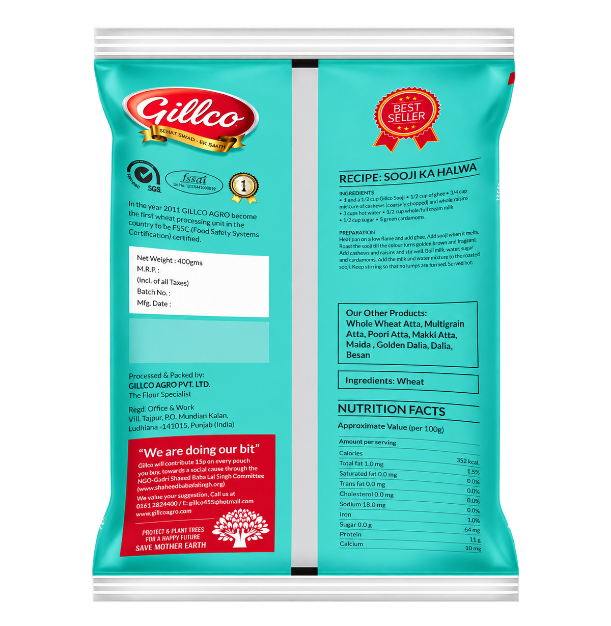 Gillco Best Grade Sooji 400g | Premium Golden Wheat Semolina | High in Fiber | No Artificial Colours or Added Preservatives | Ideal for Halwa, Idli & Upma