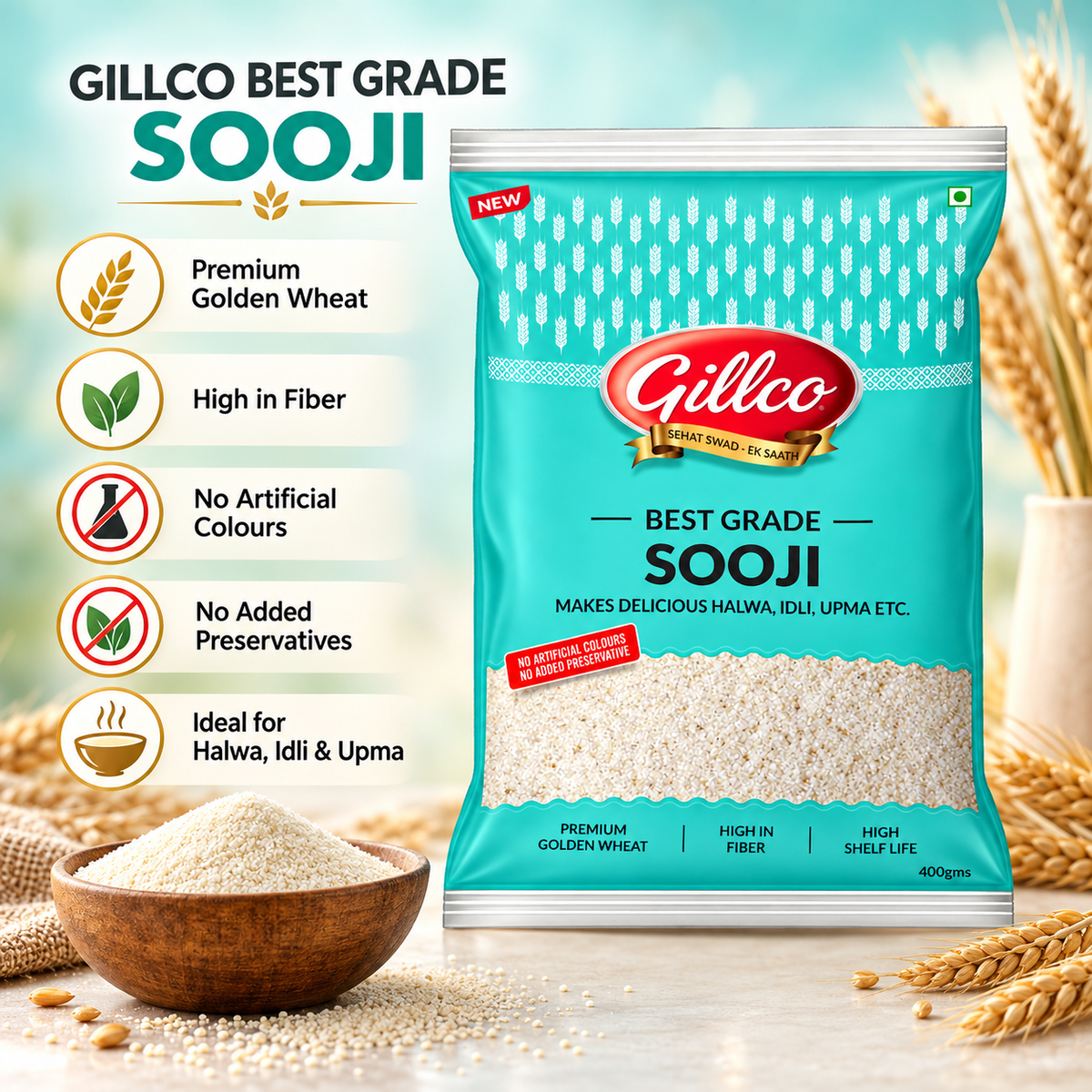 Gillco Best Grade Sooji 400g | Premium Golden Wheat Semolina | High in Fiber | No Artificial Colours or Added Preservatives | Ideal for Halwa, Idli & Upma