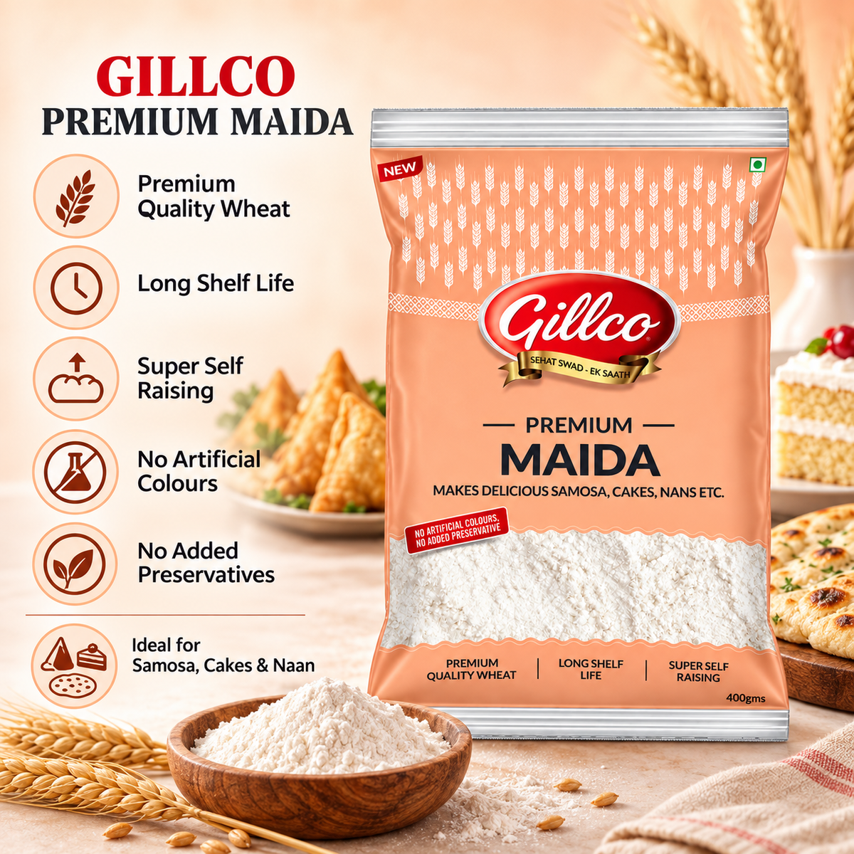 Gillco Premium Maida 400g | Fine Refined Wheat Flour | Super Self Raising | No Artificial Colours or Added Preservatives | Ideal for Samosa, Cakes & Naan