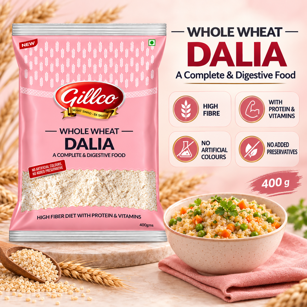 Gillco Whole Wheat Dalia 400g | High-Fibre Broken Wheat with Protein & Vitamins | No Artificial Colours or Added Preservatives