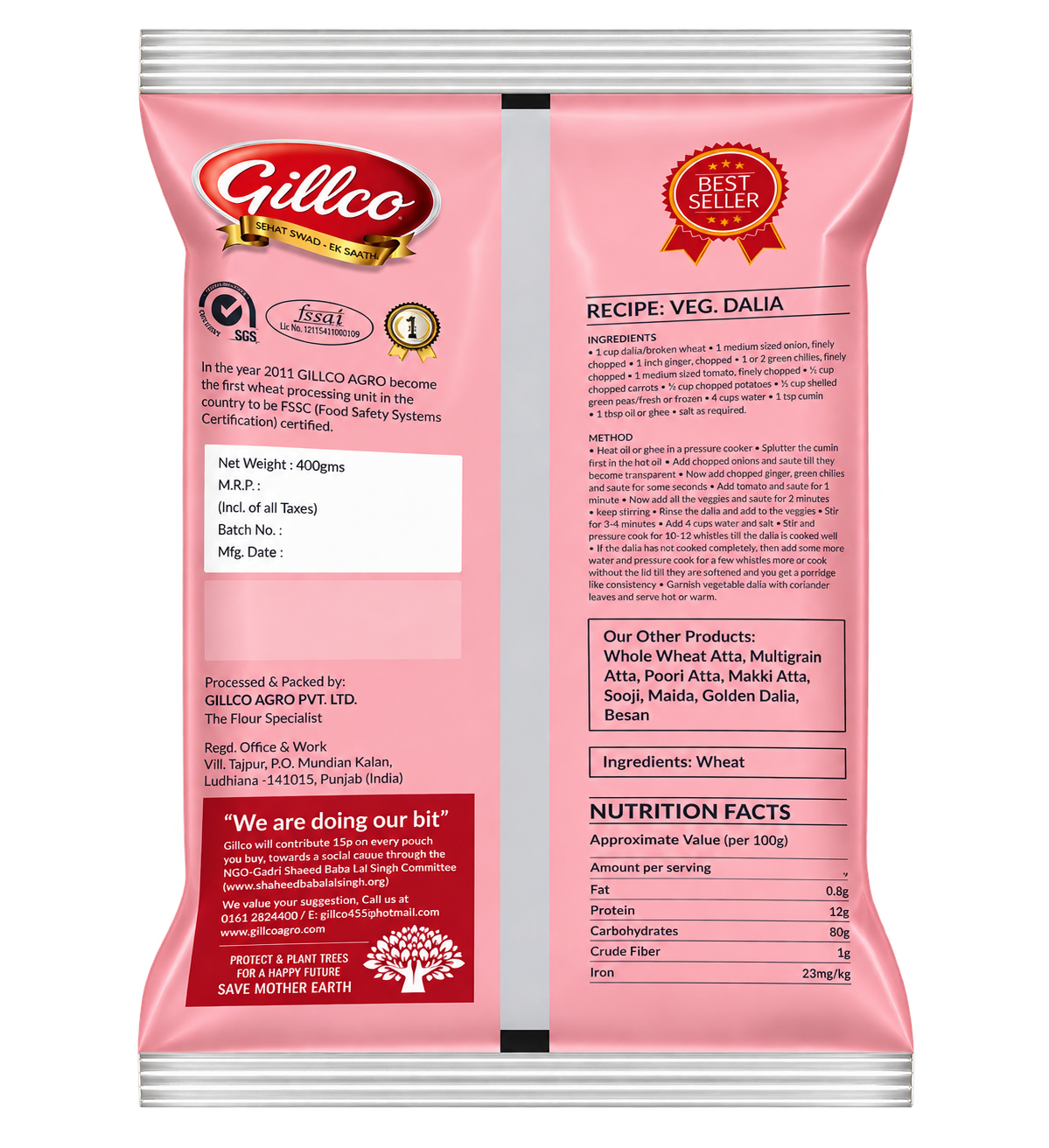 Gillco Whole Wheat Dalia 400g | High-Fibre Broken Wheat with Protein & Vitamins | No Artificial Colours or Added Preservatives