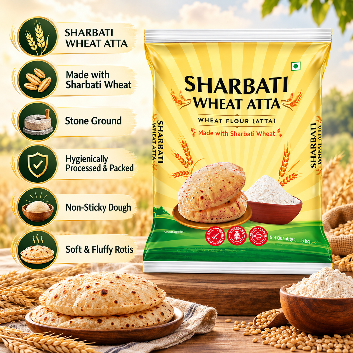 Gillco Sharbati Wheat Atta 5kg | Stone-Ground Whole Wheat Flour | Non-Sticky Dough for Soft & Fluffy Rotis | Hygienically Processed & Packed
