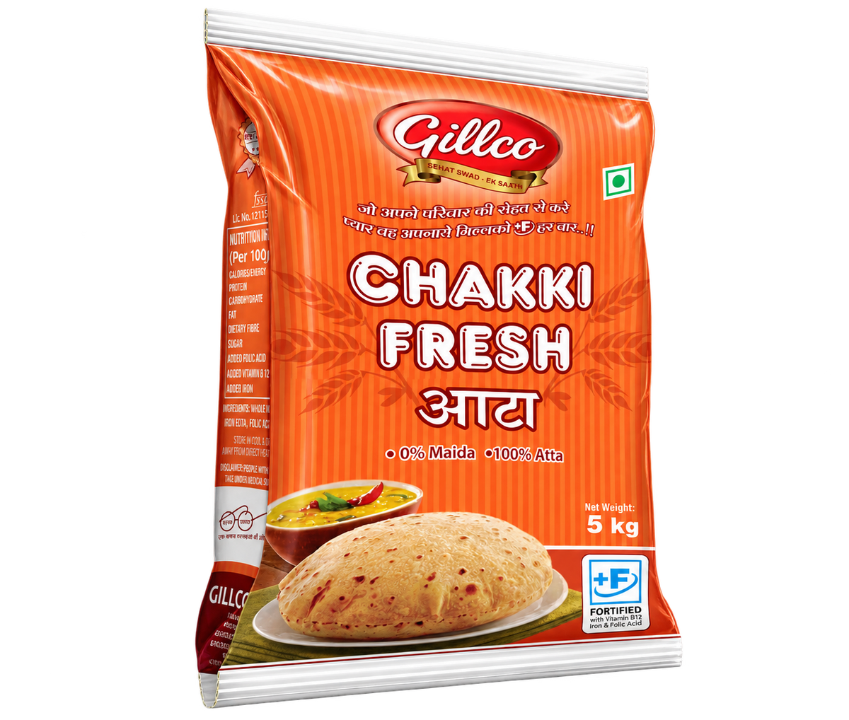 Gillco Chakki Fresh Atta 5 kg | 100% Whole Wheat Flour | 0% Maida | Fortified with Iron, Folic Acid & Vitamin B12