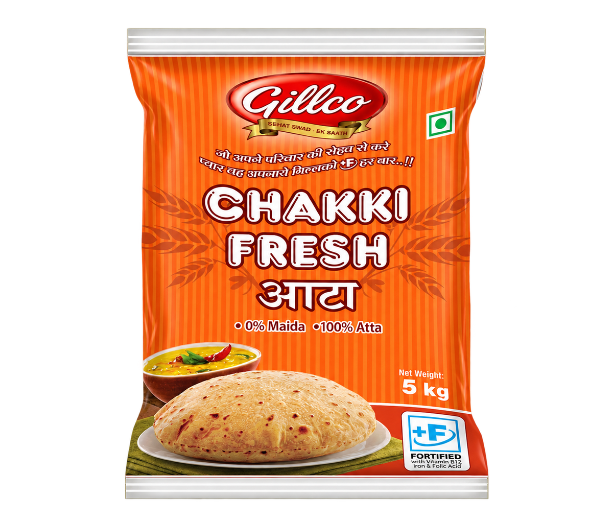 Gillco Chakki Fresh Atta 5 kg | 100% Whole Wheat Flour | 0% Maida | Fortified with Iron, Folic Acid & Vitamin B12
