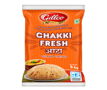 Gillco Chakki Fresh Atta 5 kg | 100% Whole Wheat Flour | 0% Maida | Fortified with Iron, Folic Acid & Vitamin B12