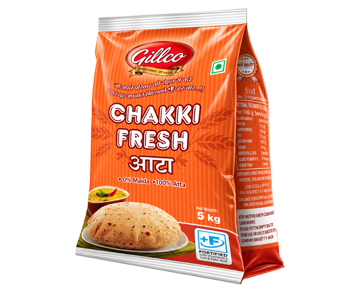 Gillco Chakki Fresh Atta 5 kg | 100% Whole Wheat Flour | 0% Maida | Fortified with Iron, Folic Acid & Vitamin B12