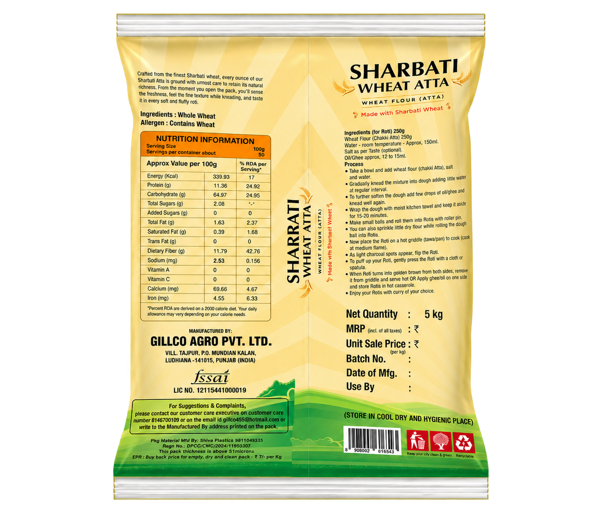 Gillco Sharbati Wheat Atta 5kg | Stone-Ground Whole Wheat Flour | Non-Sticky Dough for Soft & Fluffy Rotis | Hygienically Processed & Packed