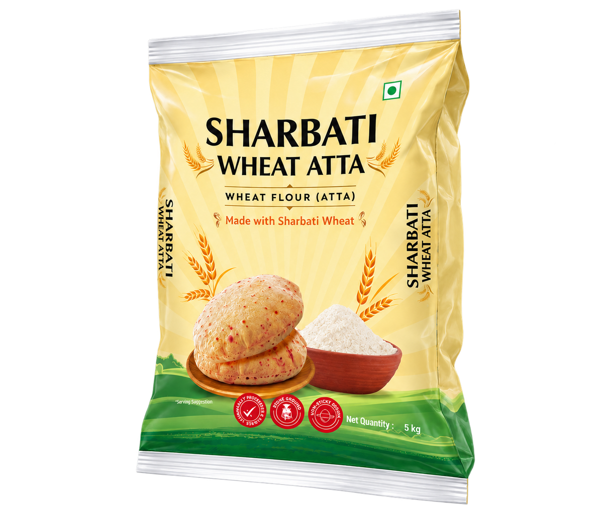 Gillco Sharbati Wheat Atta 5kg | Stone-Ground Whole Wheat Flour | Non-Sticky Dough for Soft & Fluffy Rotis | Hygienically Processed & Packed