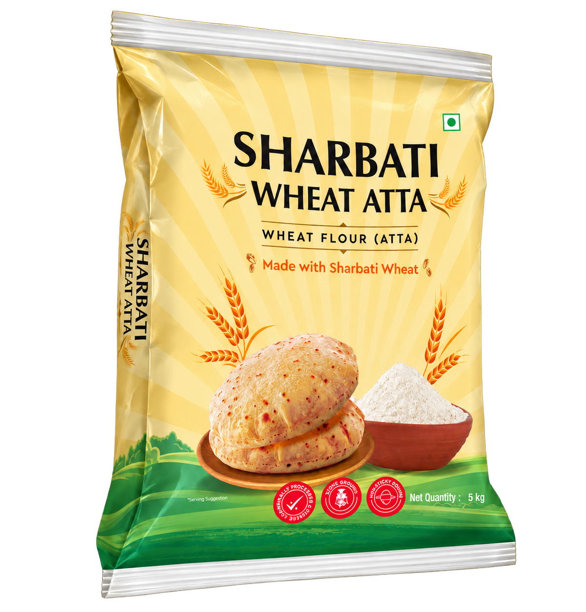 Gillco Sharbati Wheat Atta 5kg | Stone-Ground Whole Wheat Flour | Non-Sticky Dough for Soft & Fluffy Rotis | Hygienically Processed & Packed