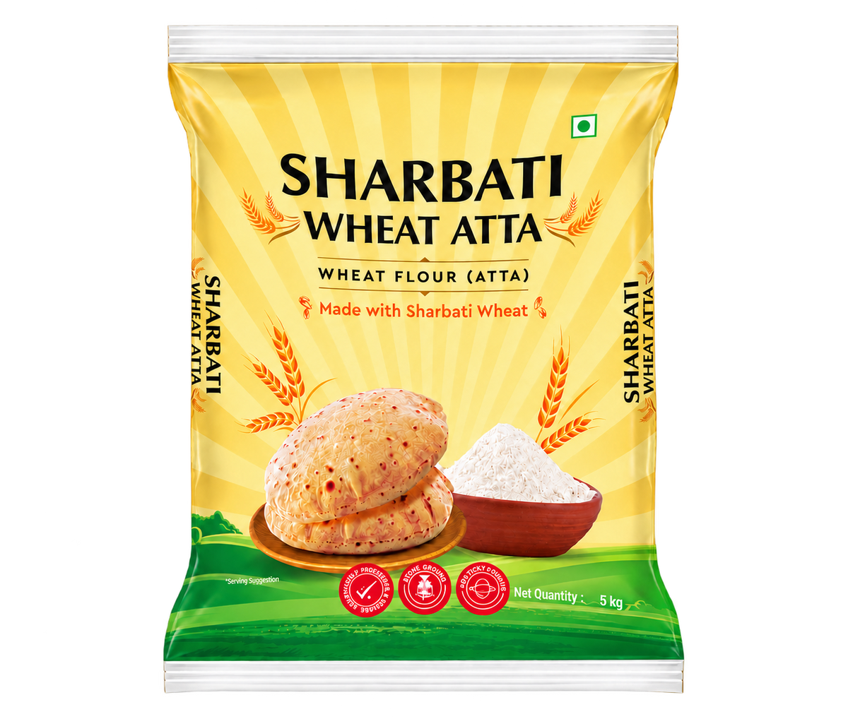 Gillco Sharbati Wheat Atta 5kg | Stone-Ground Whole Wheat Flour | Non-Sticky Dough for Soft & Fluffy Rotis | Hygienically Processed & Packed