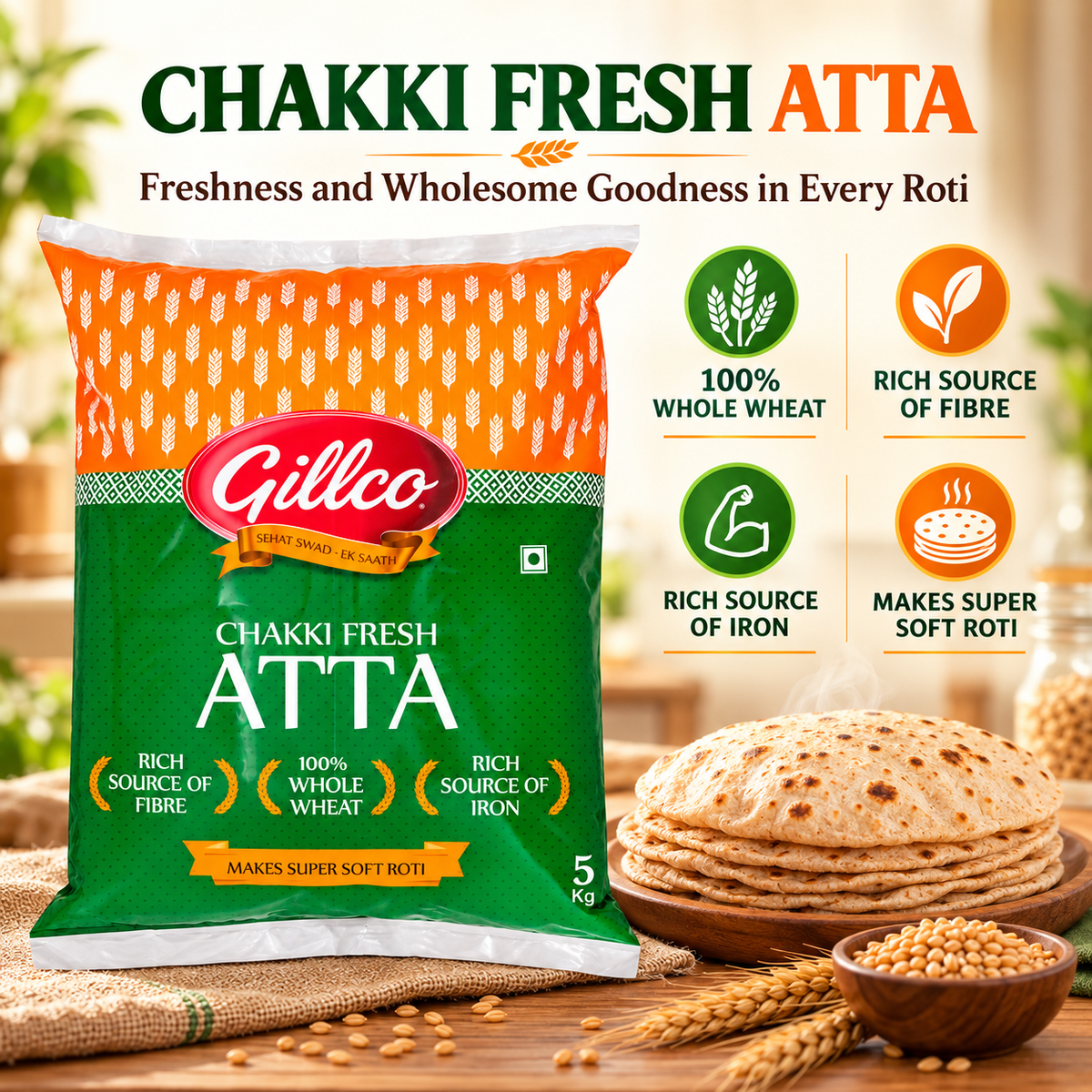 Gillco Chakki Fresh Atta – 100% Whole Wheat Flour, Rich in Fibre & Iron, Makes Super Soft Rotis | 5 kg & 10 kg