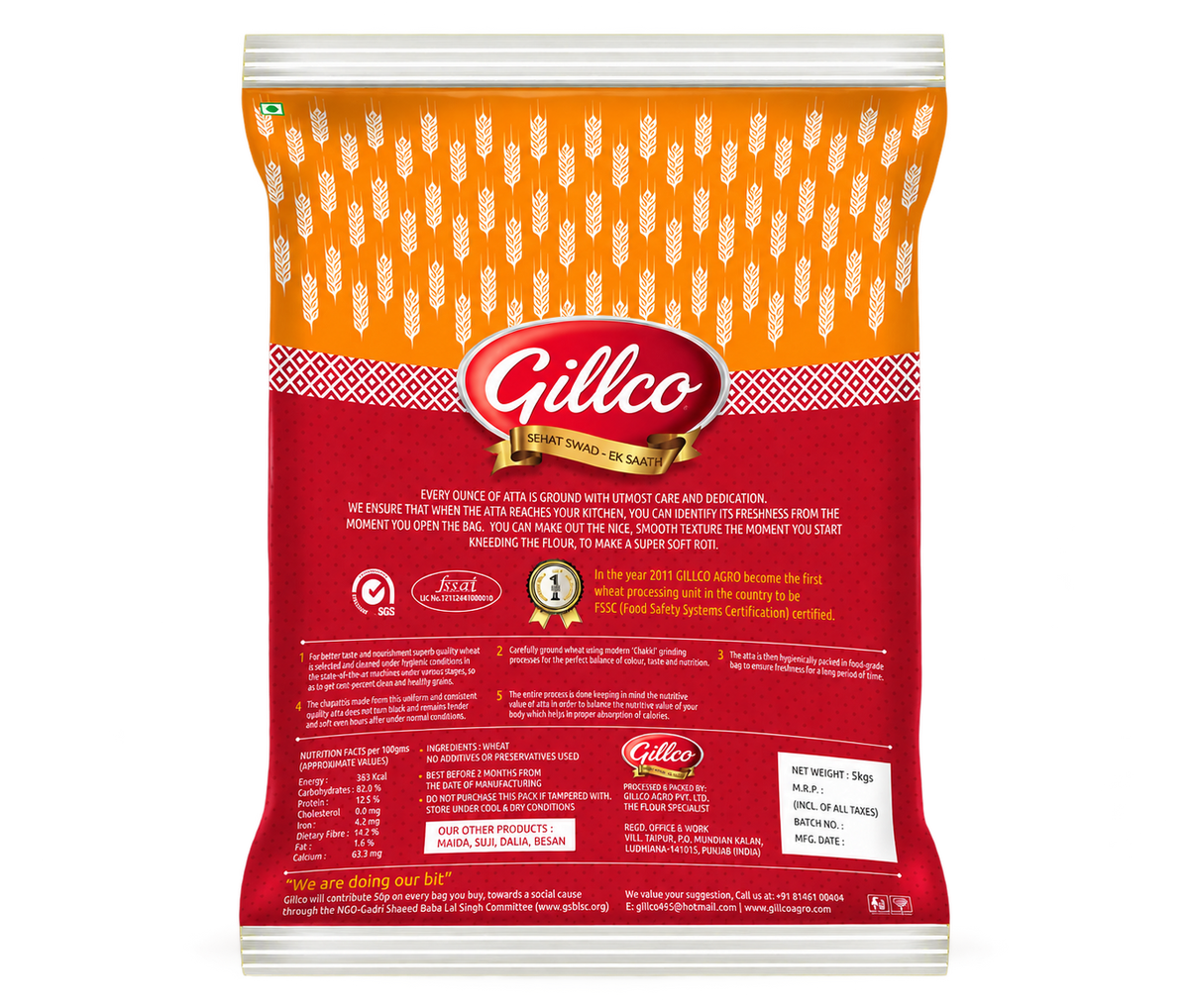 Gillco Chakki Fresh Atta – 100% Whole Wheat Flour, Rich in Fibre & Iron, Makes Super Soft Rotis | 5 kg & 10 kg