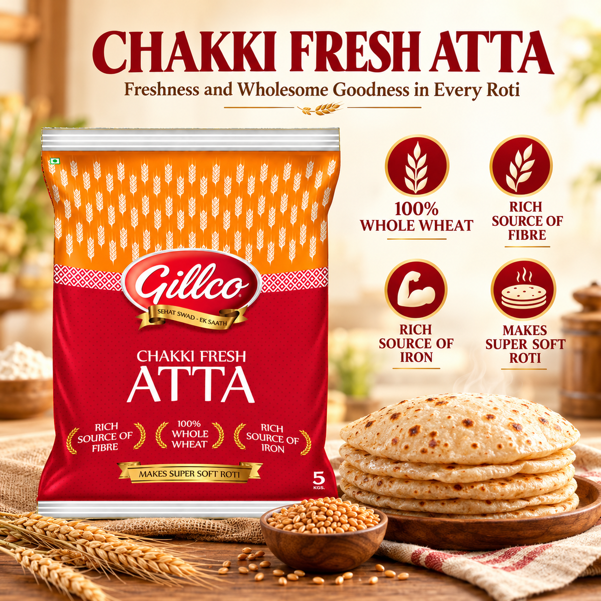 Gillco Chakki Fresh Atta – 100% Whole Wheat Flour, Rich in Fibre & Iron, Makes Super Soft Rotis | 5 kg & 10 kg
