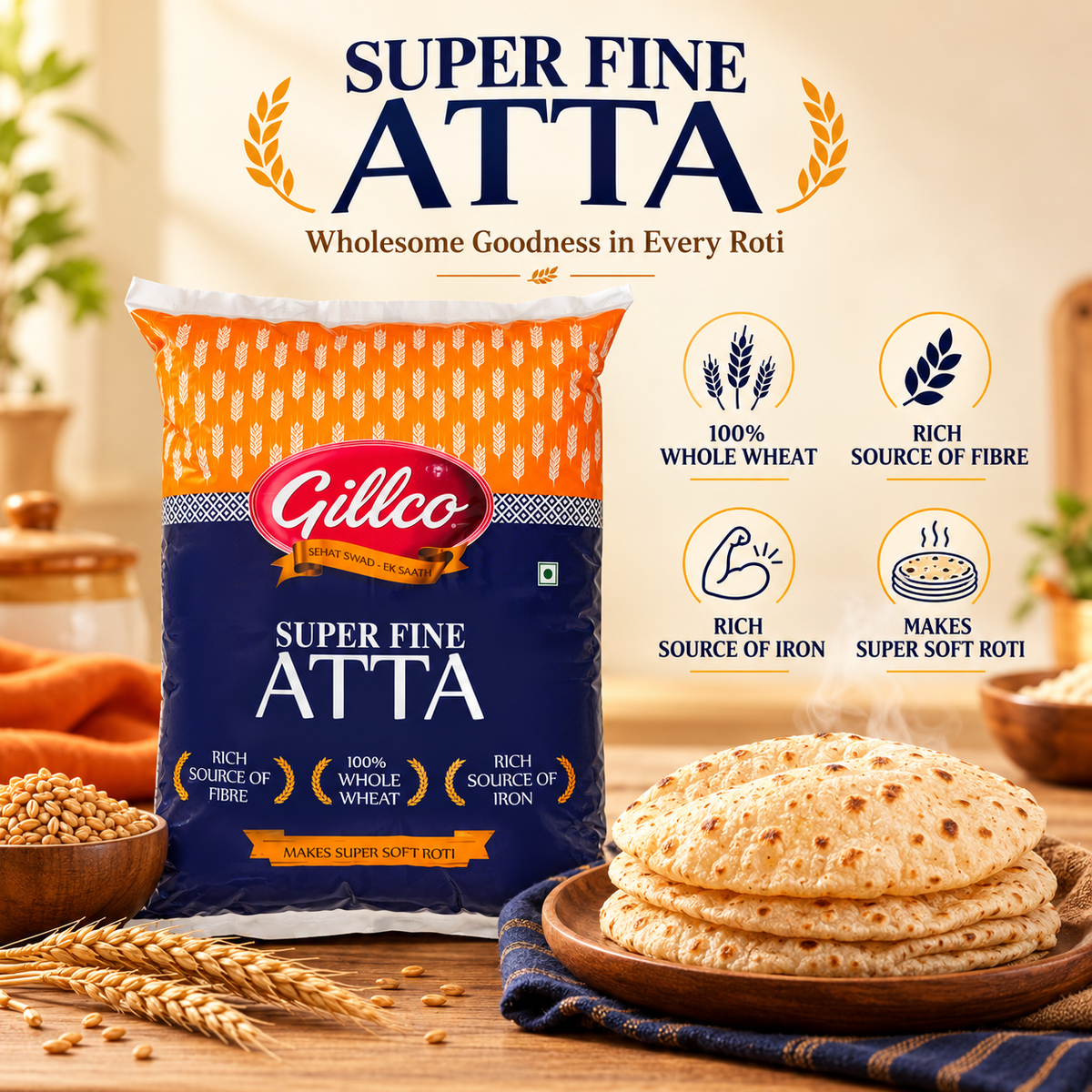 Gillco Super Fine Atta – 100% Whole Wheat Flour, Rich in Fibre & Iron, Makes Super Soft Rotis | 5 kg & 10 kg
