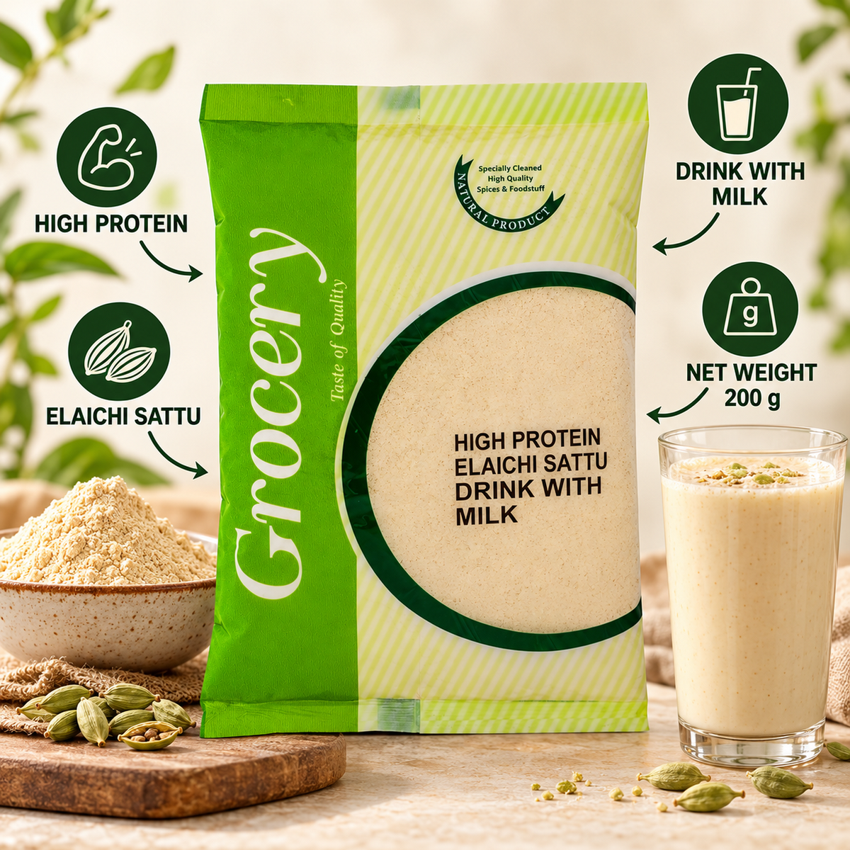 Gillco Grocery High Protein Elaichi Sattu – Traditional Cardamom-Flavoured Drink Mix with Milk, 200g Pack