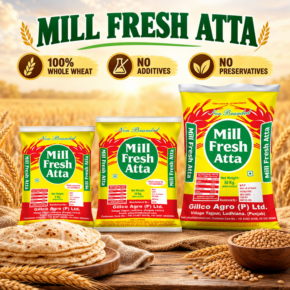 Gillco Mill Fresh Atta | 100% Whole Wheat Flour | No Additives or Preservatives | Available in 5 kg, 10 kg & 50 kg